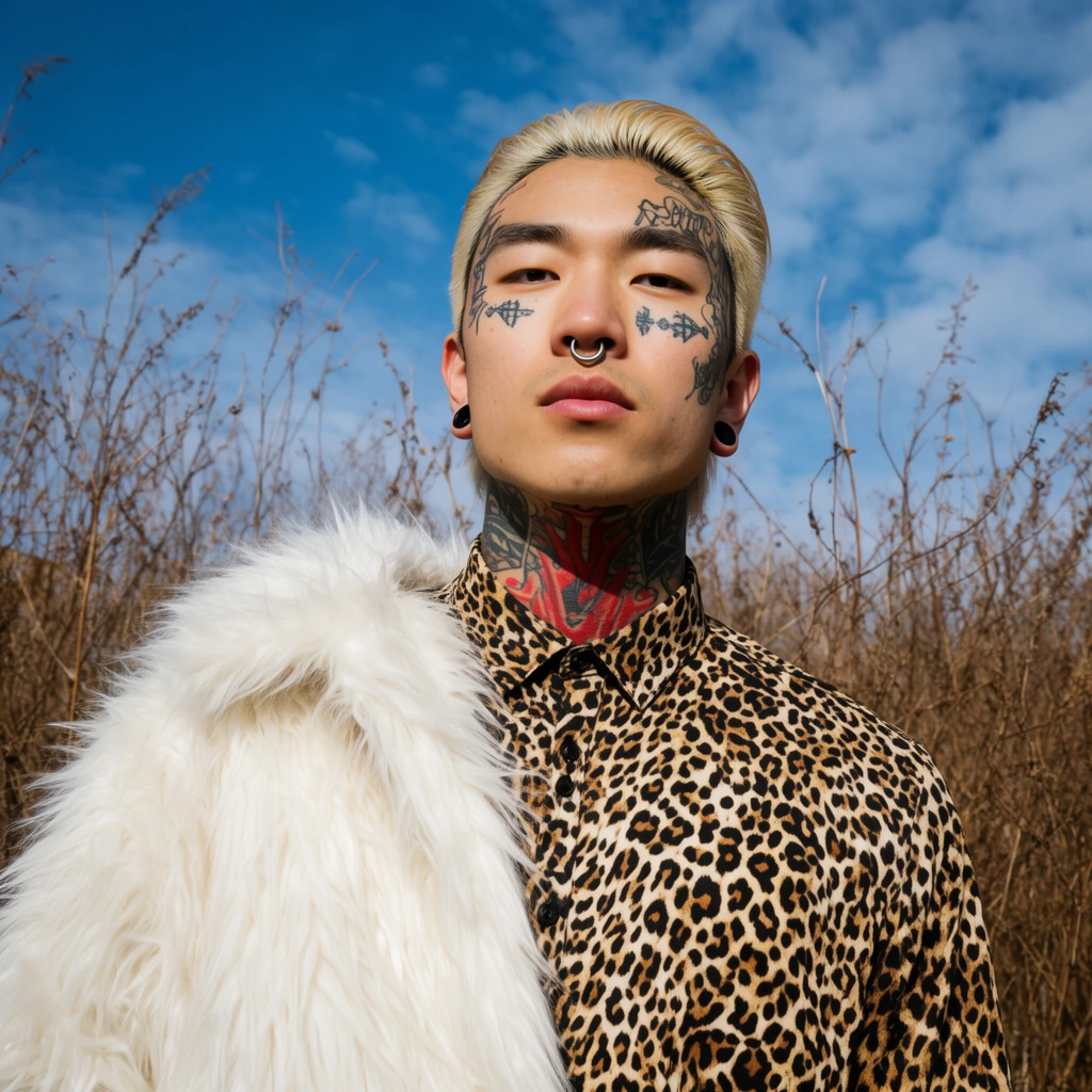 young East Asian man with bleached blonde slicked-back hair and extensive face tattoos, wearing a leopard print shirt and a heavy white faux-fur coat draped over one shoulder, standing in tall dry brown brush under a bright blue sky with scattered clouds, silver septum ring, black earlobe plugs, prominent red and black neck tattoos, low angle fashion portrait, bright natural sunlight, sharp focus, contrasting textures