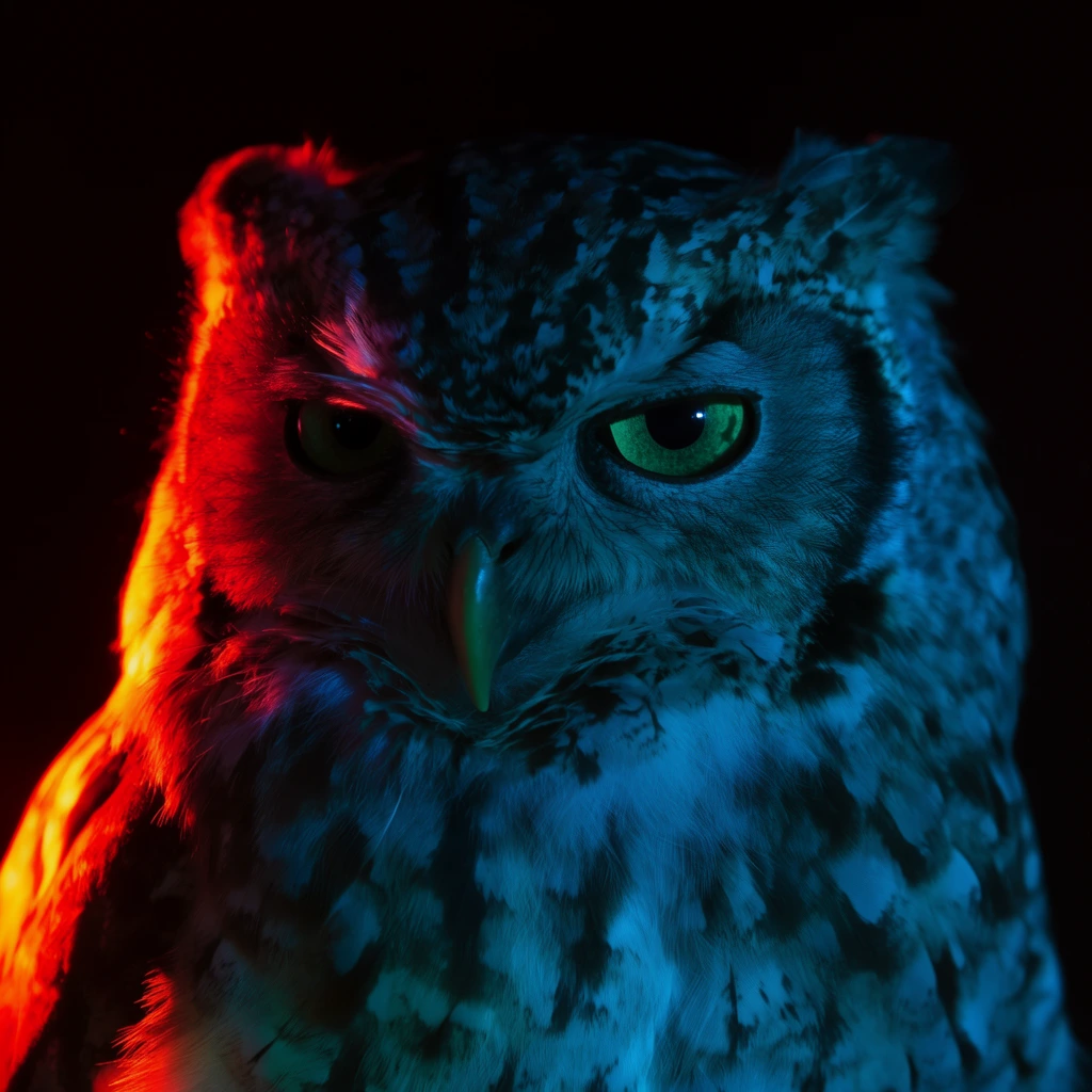 A close-up portrait of an owl illuminated by dramatic neon lighting against a pitch-black background. The creature's intense emerald-green eyes stare forward with a piercing gaze. Its detailed plumage features mottled dark speckles against soft feathers, with a sharp, curved beak partially hidden by facial fuzz. The lighting is highly stylized and cinematic, utilizing a striking dual-color setup. A strong, cool cyan-blue light bathes the right side of the owl's face and chest, casting deep shadows across the center. A vivid, warm red-orange rim light intensely highlights the left edge of its head and shoulder. The extreme contrast between the vibrant, colorful illumination on the textured feathers and the pure dark void creates a moody, mysterious atmosphere.