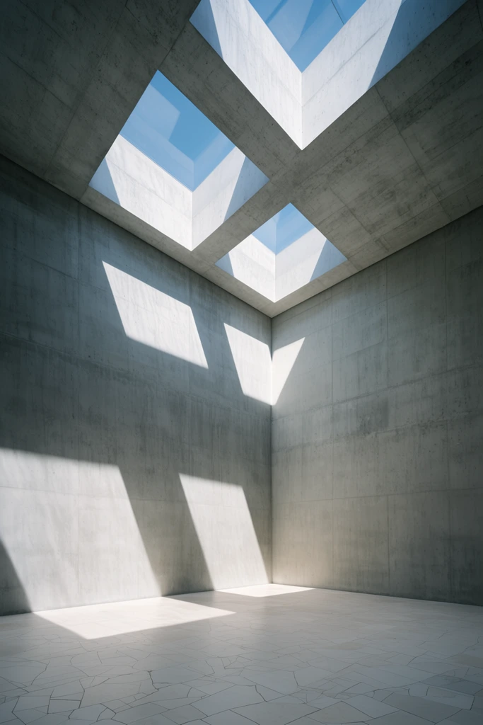 brutalist concrete interior, large rectangular ceiling skylights revealing blue sky, intense directional sunlight casting sharp geometric shadows across smooth grey paneled walls, pale tiled floor with irregular grout lines, empty minimalist architectural space, photorealistic, high contrast, crisp lines