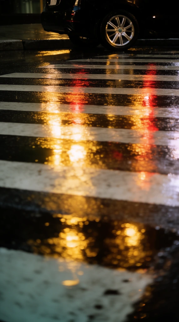 A low-angle cinematic view of a rain-slicked city crosswalk at night. The glossy wet asphalt acts as a dark mirror, heavily distorting brilliant reflections of warm golden streetlamps and crimson taillights across the thick white pedestrian stripes. In the darker upper background, the lower half of a black vehicle sits parked against a concrete curb, its silver multi-spoke alloy wheel gleaming in the ambient glow. A shallow depth of field blurs the foreground puddles, creating a moody urban atmosphere driven by vibrant, smeared light bleeding into the textured pavement.