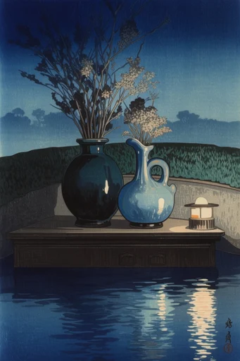 Atmospheric Shin-Hanga Nocturnes style reference image — japanese woodblock print