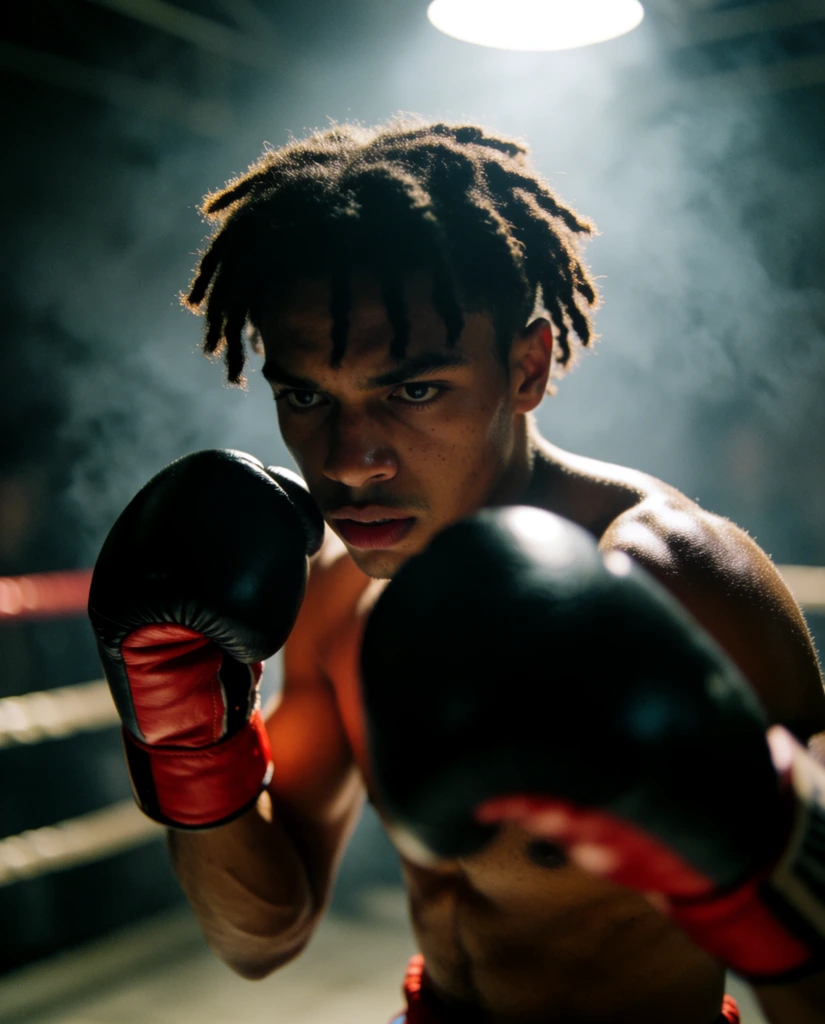 young male boxer in a dimly lit ring, defensive fighting stance, bare-chested, short twisted dreadlocks, heavy black boxing gloves with red cuffs, intense focused expression, cinematic moody lighting, overhead spotlight creating striking rim light on hair and shoulders, shallow depth of field, foreground gloves slightly blurred, out-of-focus ring ropes in the background, atmospheric haze, heavy film grain, deep shadows
