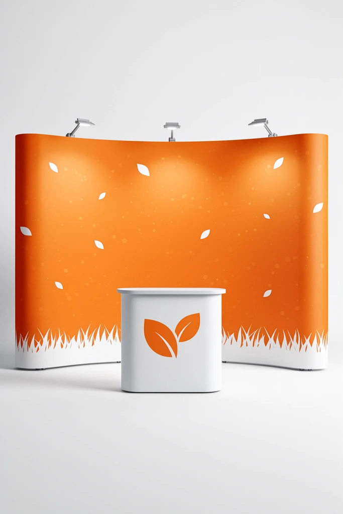 A sleek exhibition booth occupies a pristine white studio space. The display centers on a sweeping curved backdrop in vibrant orange, illuminated by three silver clamp-on spotlights along its top edge. The orange surface features a sparse pattern of small white leaf shapes and circular speckles, grounded by a jagged, grass-like white silhouette running along the bottom hem. Positioned directly in front is a minimalist white presentation podium with a gently convex front, accented by an orange graphic of two overlapping leaves. Soft, diffused lighting creates smooth gradients across the sweeping structures and casts subtle drop shadows on the seamless floor, emphasizing a clean, contemporary architectural design.
