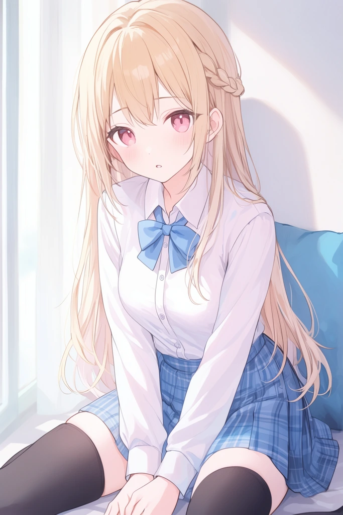 anime illustration of a sitting young woman, long blonde hair with a delicate side braid, large pink eyes, faint blush, slightly parted lips, white long-sleeved button-up shirt, blue bow tie, blue plaid pleated skirt, black thigh-high socks, leaning forward with hands clasped between knees, resting against a white wall with a blue pillow, soft natural window light from the left, gentle shadows, pastel color palette, delicate line art, soft ethereal lighting