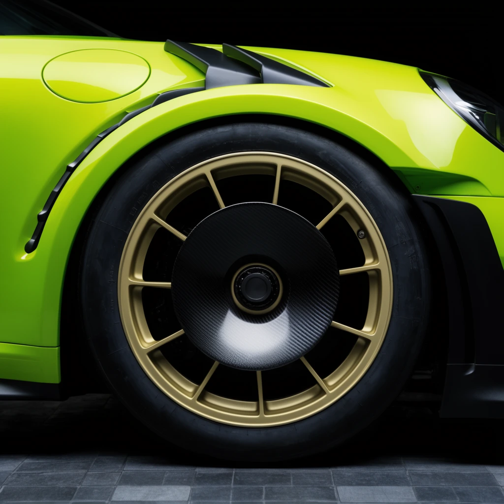 neon green sports car wheel arch, black racing tire, matte gold rim with thin spokes, central black carbon fiber aerodynamic disc, glossy lime green curved fender, black vent louvers, dark gray tiled floor, black background, dramatic studio lighting, automotive photography, high contrast, crisp focus