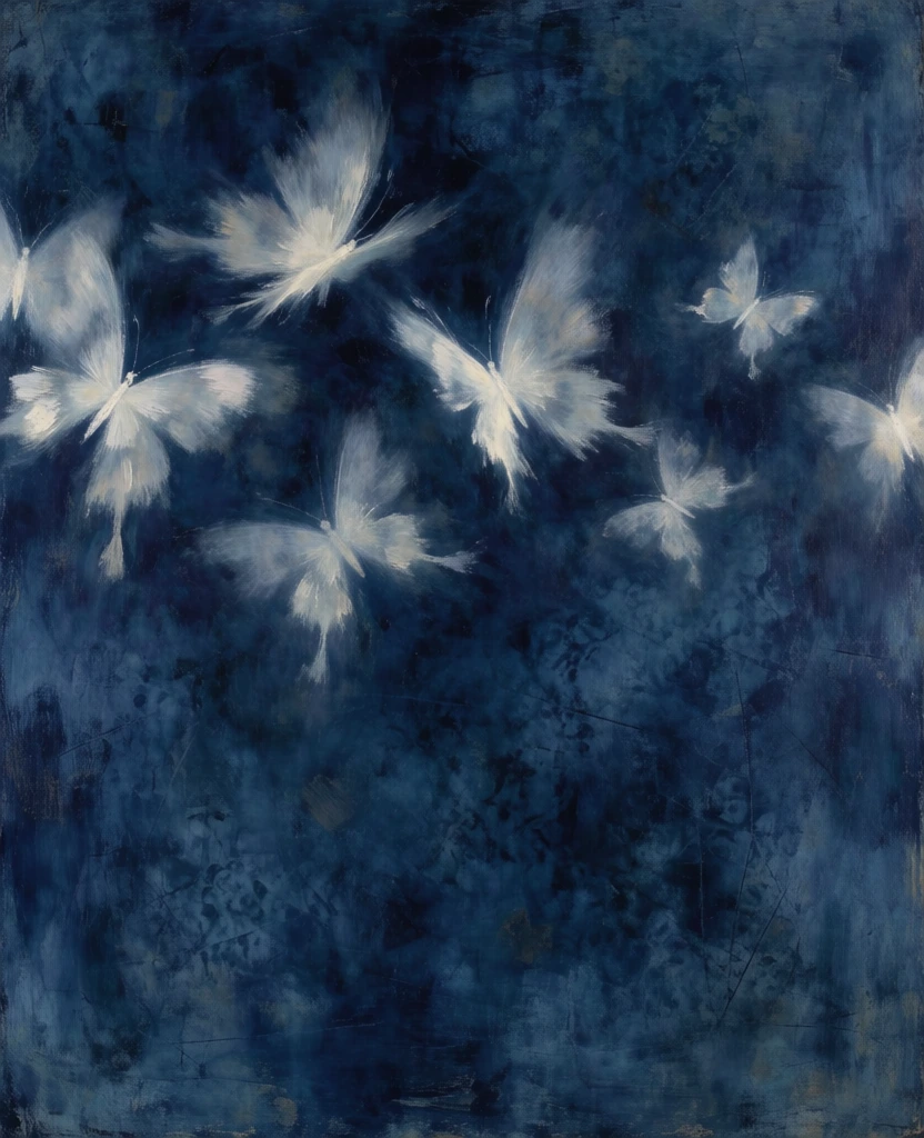 Several ethereal, white, butterfly-like shapes soar across a textured, monochromatic navy blue environment. Seven translucent figures, resembling butterflies with feathered, wispy wings, are scattered across the composition, with one positioned near the top center and a primary cluster moving diagonally from the left toward the center-right. These shapes have soft, blurred edges that give them a glowing, ghost-like appearance against the dark background. The background is a deep indigo with a rough, painterly texture, featuring visible scratches, mottled patterns, and horizontal brushstrokes that suggest a sense of depth and movement. At the bottom of the frame, a dark, textured horizontal expanse resembles a body of water, featuring a bright, vertical streak of white light that reflects the path of the lowest butterfly figure. The lighting is low-key and atmospheric, with the white subjects serving as the primary light source within the scene. The overall artistic style is impressionistic and moody, utilizing a limited color palette of various shades of blue and stark white to create a serene yet mysterious dreamscape.