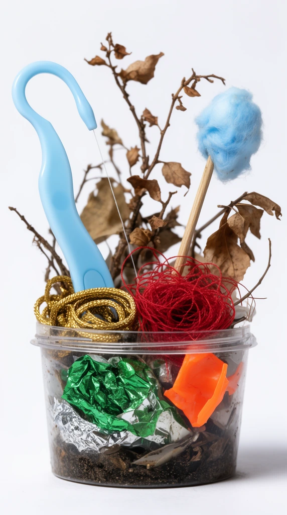transparent plastic container overflowing with discarded items and natural detritus against a plain white background, light blue plastic dental flosser, wooden stick with blue cotton, dry brown twigs with withered leaves, tangled mass of thin red thread, coiled gold braided cord, crumpled green and silver foil, bright orange plastic debris, dark sediment at the base, macro still life photography, bright studio lighting, sharp focus