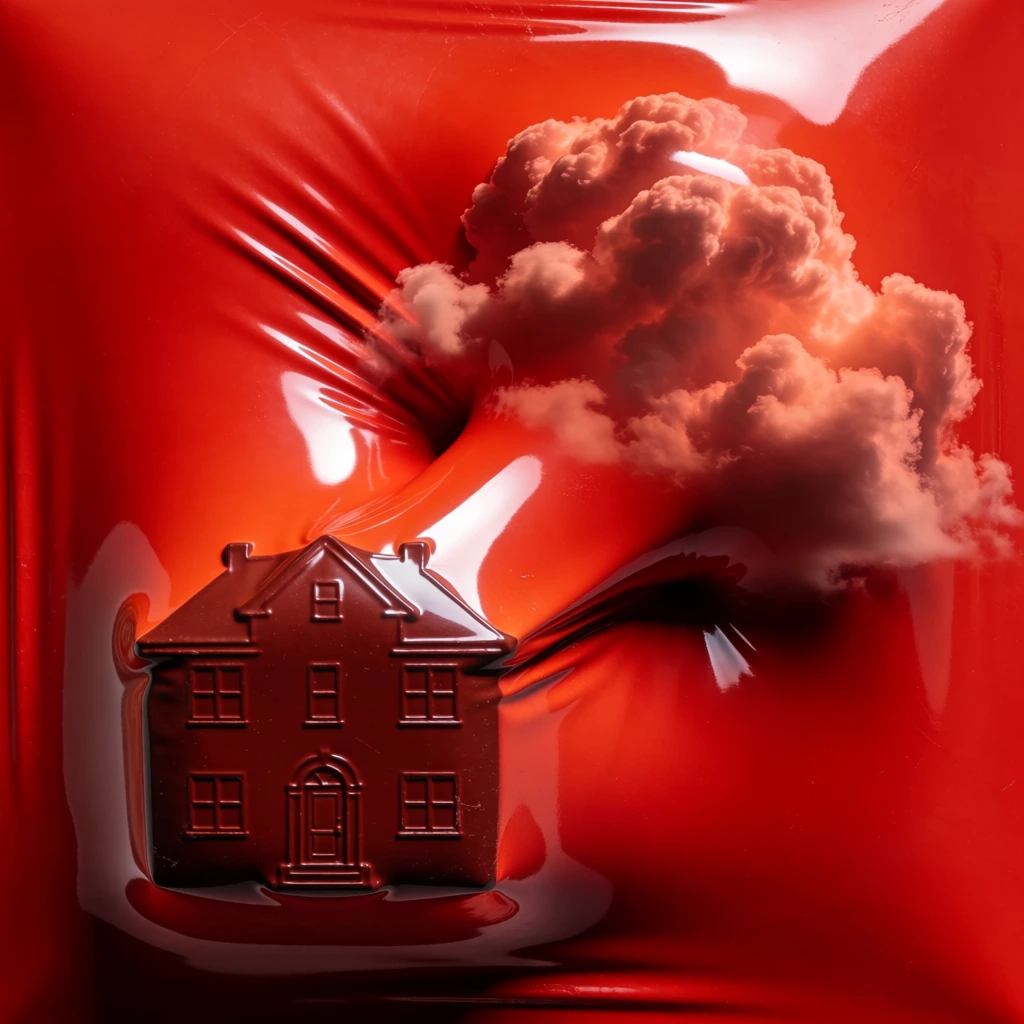 a two-story house and a billowing cumulus cloud formation pressing from beneath a tight glossy red latex membrane, high-contrast lighting with brilliant white specular highlights and deep black shadows, objects rendered as embossed relief silhouettes under a vacuum-sealed stretch fabric, monochromatic saturated red palette, surreal and tactile aesthetic, minimalist composition with sharp edges and soft transitions, 3d rendered style with sculptural depth and high-gloss finish