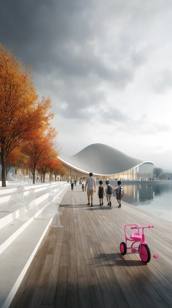 Architectural visualization of a waterfront plaza with a wide wooden boardwalk, bright pink tricycle, and walking children. Ghostly translucent figures sit on white tiered steps beside autumn trees. A modern building with an undulating ribbed roof reflects in calm water under a cloudy sky.