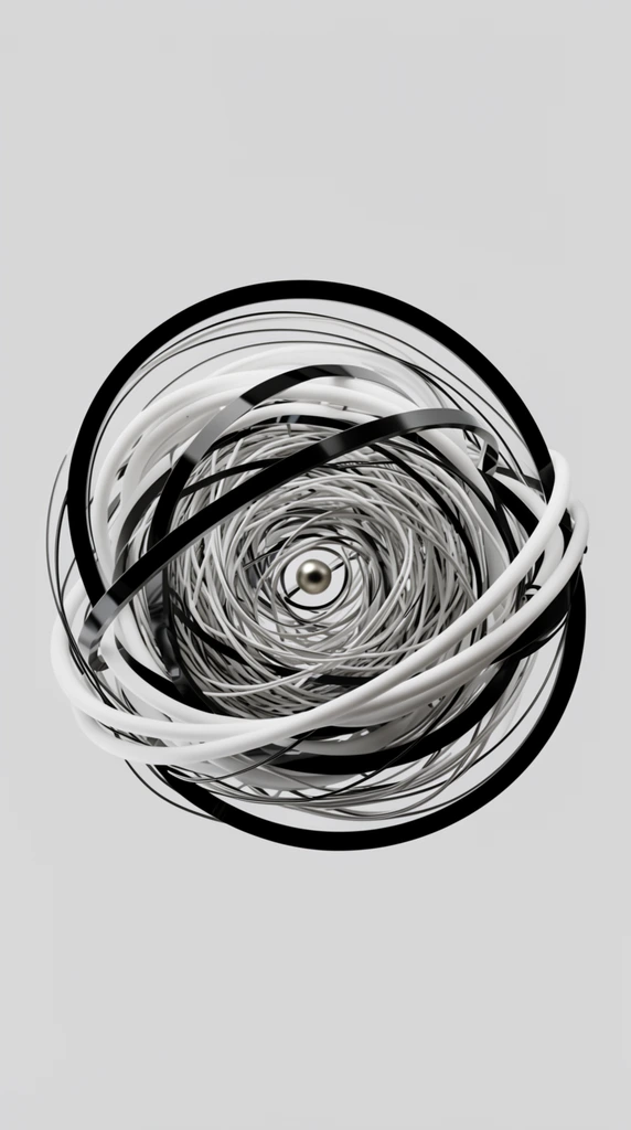 abstract spherical sculpture of intertwining circular bands and thin wires, dense swirling core, high-contrast black and white palette, varying thicknesses of ribbons, glossy flat black rings overlapping matte white tubular cords, small solid metallic sphere nested at the exact center, isolated on a solid minimalist light gray background, 3D digital render, sharp focus, soft studio lighting, clean geometric composition, modern minimalist aesthetic