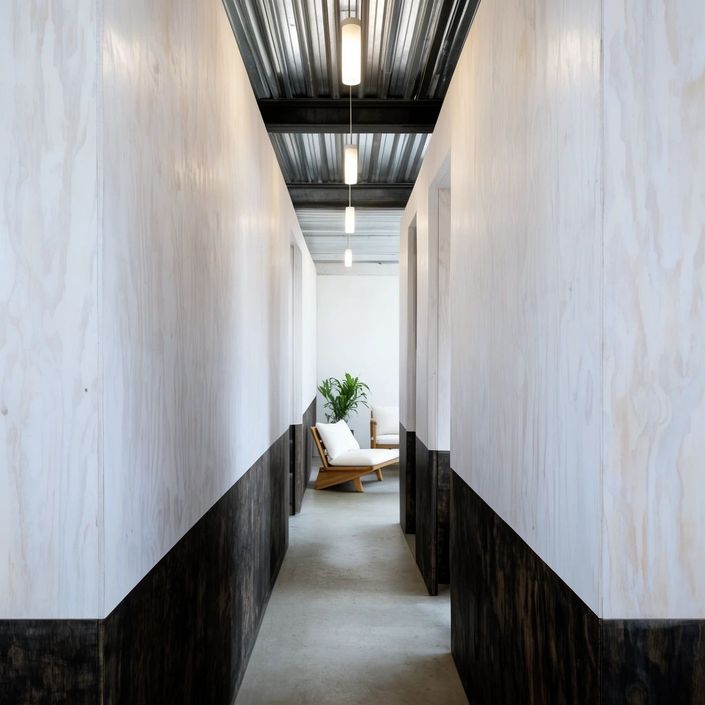 A narrow minimalist corridor framed by thick, bi-color plywood walls, featuring pale whitewashed upper panels and dark-stained lower sections. A smooth concrete floor and an exposed corrugated metal ceiling with glowing cylindrical pendant lights complete the industrial aesthetic. A strong one-point perspective draws the eye down the passageway toward a brightly lit adjoining room containing a wooden lounge chair with white cushions and a green potted plant.