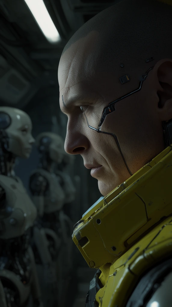 bald man with cybernetic implants, yellow protective collar, intense profile, dim futuristic transport interior, out-of-focus androids, cinematic lighting, dramatic shadows
