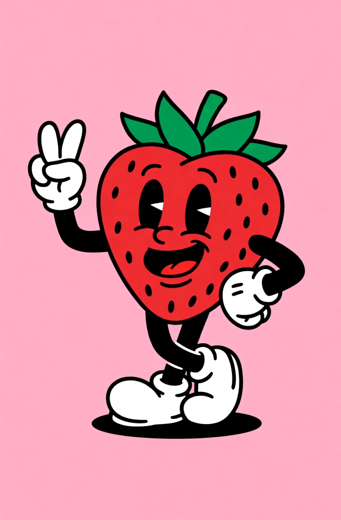 A vibrant red cartoon strawberry character designed in a retro rubber hose animation style poses cheerfully against a solid light pink background. The anthropomorphic strawberry has a large, heart-shaped red body speckled with small black oval seeds and is topped with five pointed green leaves and a short stem. Its face features large, black oval eyes with white pie-cut pupils, thin arched eyebrows, a small circular nose, and a wide, grinning mouth that reveals a dark interior. The character’s thin, black limbs are characteristic of vintage animation; its right arm is raised, flashing a peace sign with two fingers, while its left arm rests on its hip, both hands encased in puffy white gloves. Its legs are crossed at the ankles, ending in large, rounded white shoes that stand atop a small, flat black shadow. The illustration uses thick, clean black outlines and a flat color palette. The perspective is a straight-on, full-body shot centered in the frame, evoking the aesthetic of 1930s cartoons.