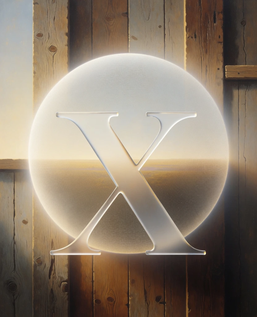 a large minimalist letter x sits centrally in the foreground, behind it a circular radiant pattern of soft light expands outward against a background of weathered vertical wooden planks, rendered in a crisp surrealist aesthetic, cinematic lighting with a soft golden hour glow, vibrant yet balanced color treatment, hyper-realistic cgi with a subtle painterly finish, centered minimalist composition, magritte-inspired conceptual photography, deep tactile wood grain textures