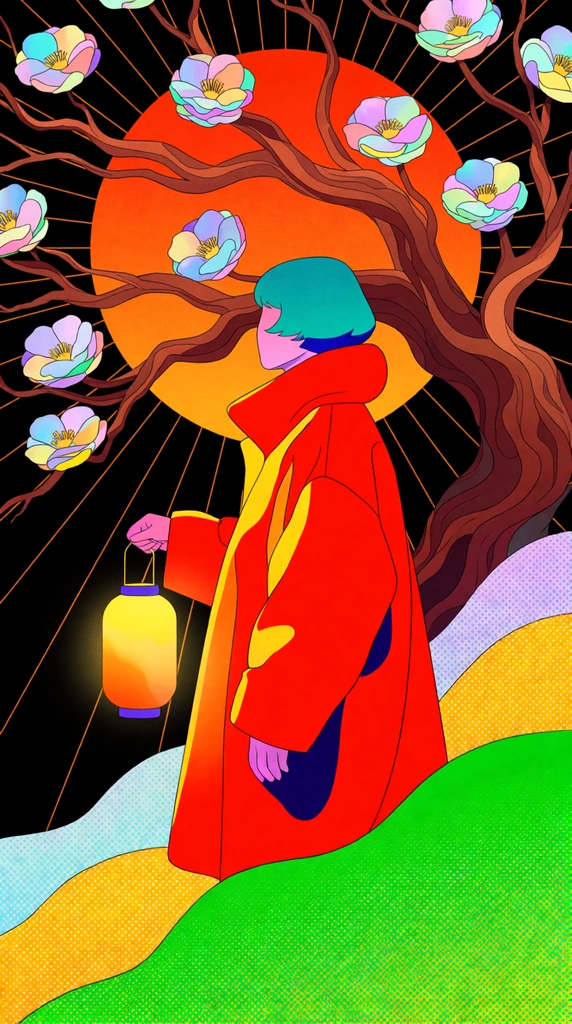 A vibrant, high-contrast illustration of a figure in profile wearing a voluminous bright red coat with yellow accents, holding a softly glowing yellow lantern. The subject has short teal hair and stands beneath a gnarled brown tree adorned with iridescent, multi-colored pastel flowers. A massive orange sun with radiating geometric beams dominates the solid black background behind the branches. The ground consists of stylized rolling hills in vivid green, yellow, and pale blue, heavily textured with retro halftone dot patterns. The artwork blends crisp vector-style linework, smooth gradients, and striking pop-art aesthetics.