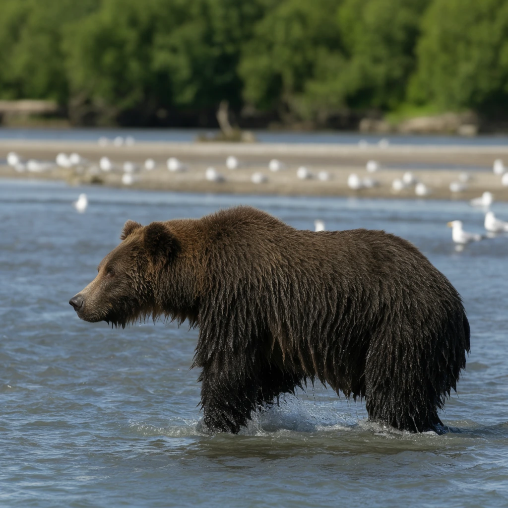 A large brown bear wades through a flowing river in a full-body profile facing left. The bear's shaggy coat is dark, wet, and matted around its thick legs and lower belly from the splashing blue-grey water. Behind the bear, small white seagulls rest on a sandy shoreline and float in the shallow ripples. The background features an out-of-focus line of lush green trees under bright natural daylight. The wildlife photography uses a shallow depth of field to emphasize the heavy texture of the wet fur against the soft landscape.