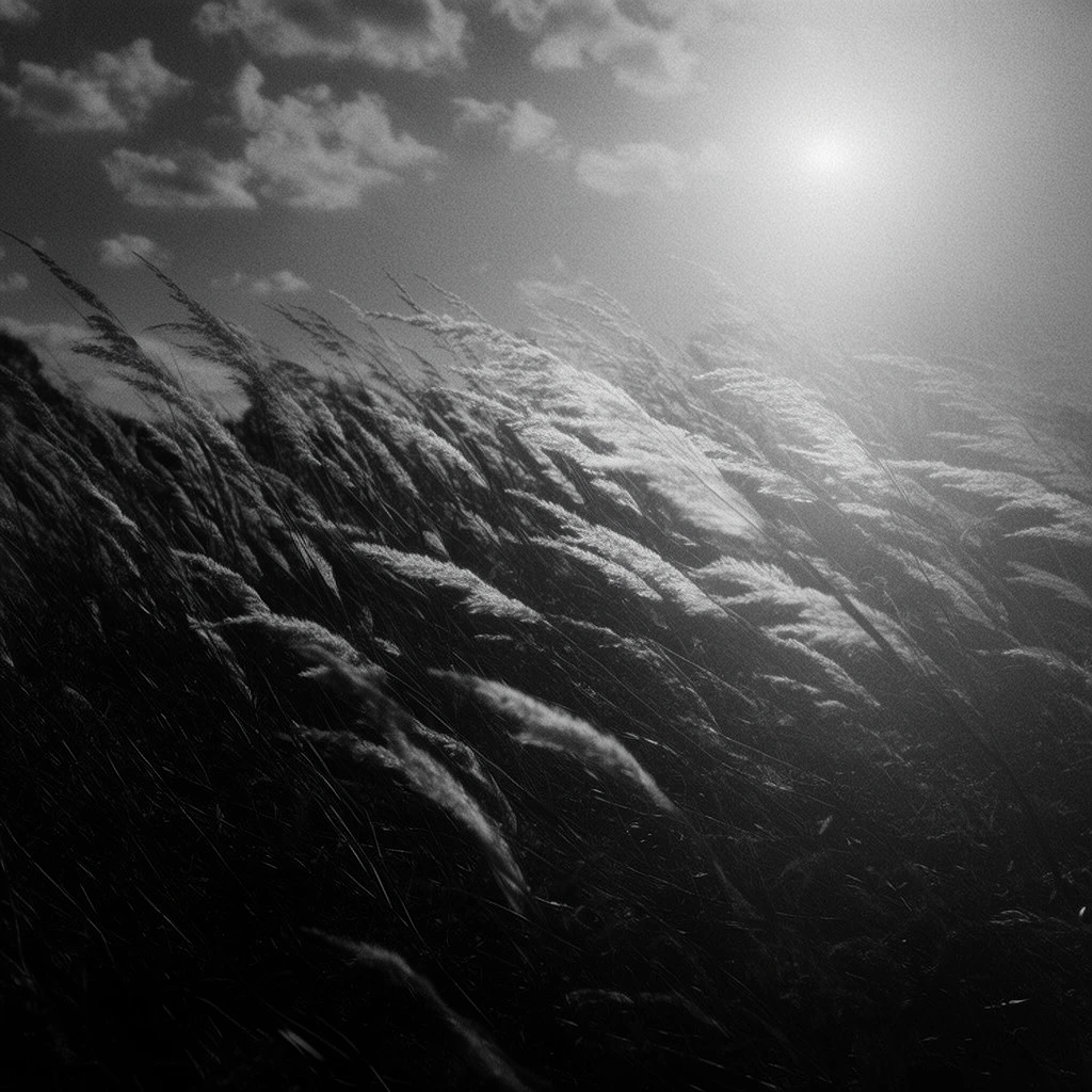 High-contrast, monochromatic black and white photography of a field of tall grass with feathery seed heads bending in the wind, filling the lower two-thirds of the frame. The upper third features a sky with scattered clouds. An intense, deeply diffused, singular light source from the upper right shines through thick atmospheric haze, brightly illuminating the sweeping tops of the grass and casting elongated, pitch-black shadows toward the bottom left. The brilliant white, textured seed heads contrast starkly against the deep blacks of the shadowed undergrowth. The composition exhibits heavy, tactile film grain throughout, a subtle atmospheric glow around the directional light source, and distinct tonal gradients shifting from bright, blown-out whites in the upper right sky to heavily crushed blacks in the lower left foreground.