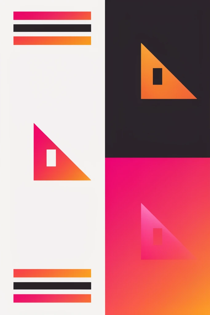 three-panel layout, large white section, dark charcoal top-right section, magenta to orange gradient bottom-right section, smooth geometric shapes with one sharp corner and central cutout, adjacent horizontal graphic bars, flat minimalist vector design, vivid contrasting colors