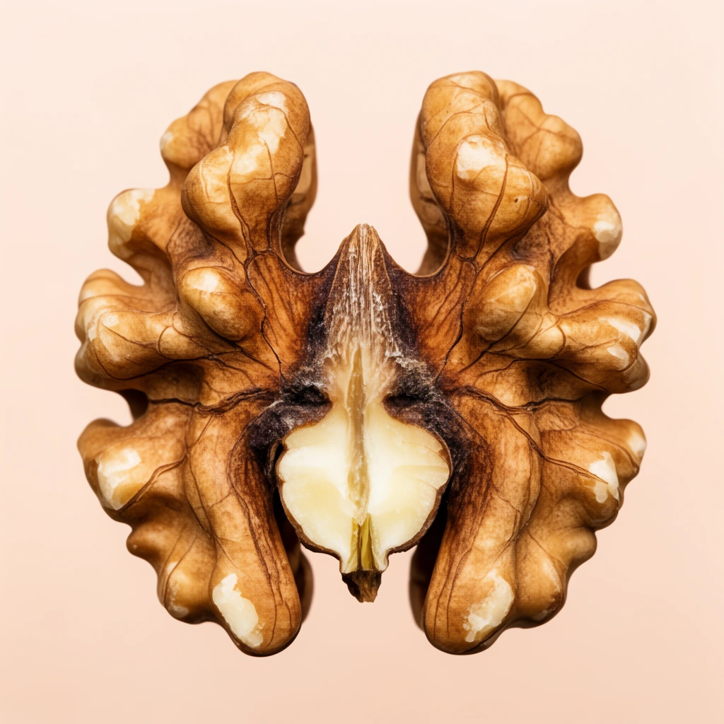 A macro photograph of a walnut shell cross-section centered on a smooth pale peach background. The symmetrical, labyrinthine structure reveals warm brown wood grain, deep crevices, and a pale cream core, captured top-down with soft studio lighting highlighting its intricate geometry.