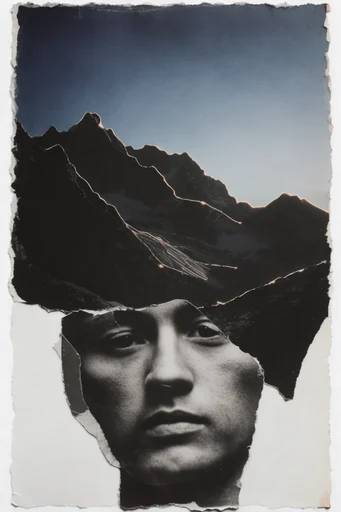 Deconstructed Monochrome Collage style reference image — surreal fragmented composition