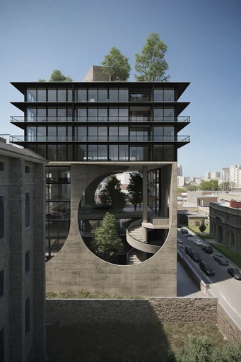 Biophilic Organic Brutalism style reference image — cinematic architectural shadows
