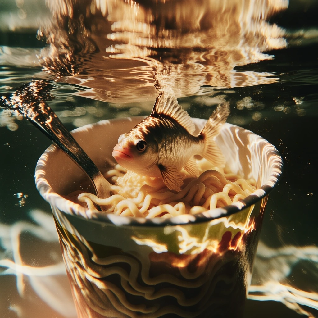cinematic close-up of a cup of instant noodles submerged underwater, a small whimsical cartoon fish sitting inside, a fork resting on the rim, high-contrast golden hour light caustics dancing across the surface, shimmering amber and deep brown tones, organic water ripples creating liquid distortions, deep moody shadows, ethereal atmosphere with soft-focus bokeh, tiny floating bubbles and particles, tactile textures, surrealist aesthetic, hyper-realistic lighting