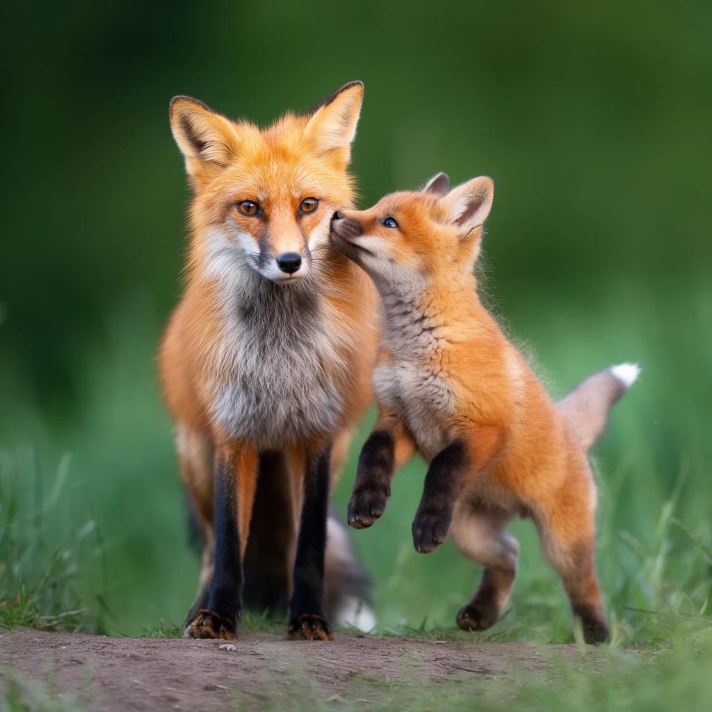 An adult red fox and a playful kit interact on a patch of bare dirt framed by soft grass. The adult features vibrant orange fur, a grey-white chest, stark black legs, and amber eyes looking forward. Beside it, the fluffy kit leaps upward, front paws airborne, its snout reaching toward the adult's jaw. The kit displays bright orange fur, dark paws, and a white-tipped tail. The background is a deeply blurred, smooth expanse of rich green, creating a striking color contrast. Captured with a shallow depth of field, soft natural lighting emphasizes the intricate textures of their pristine fur.