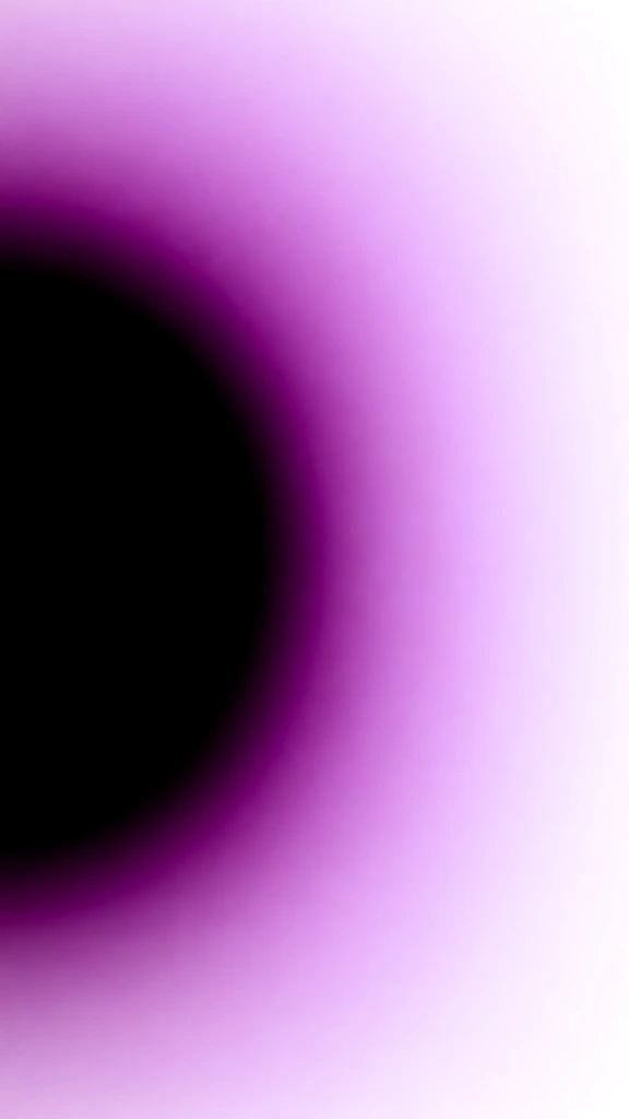 A large, soft-edged black circular form dominates the left side of the frame, transitioning into a diffuse gradient of deep purple that fades into a bright white background towards the right. The primary subject is a dense, opaque black mass located slightly off-center to the left, with edges that blend smoothly into a dark violet hue. This violet color radiates outward in a soft glow, becoming progressively lighter and more lavender as it expands across the canvas. The color gradient is more elongated towards the right side of the image, where it occupies the majority of the space, while the black mass extends nearly to the left and top edges. This abstract composition lacks a recognizable physical setting, instead focusing on the interaction between shadow and light. The minimalist and asymmetrical composition balances the heavy visual weight of the black void with the expansive, airy white space. The lighting appears as an internal glow from the right, creating a high-key illumination that washes over the lavender tones. The soft-focus effect and smooth transitions between colors create a dreamlike, atmospheric quality reminiscent of color field painting. The color palette is strictly limited to black, varying shades of magenta and purple, and a clean white border.