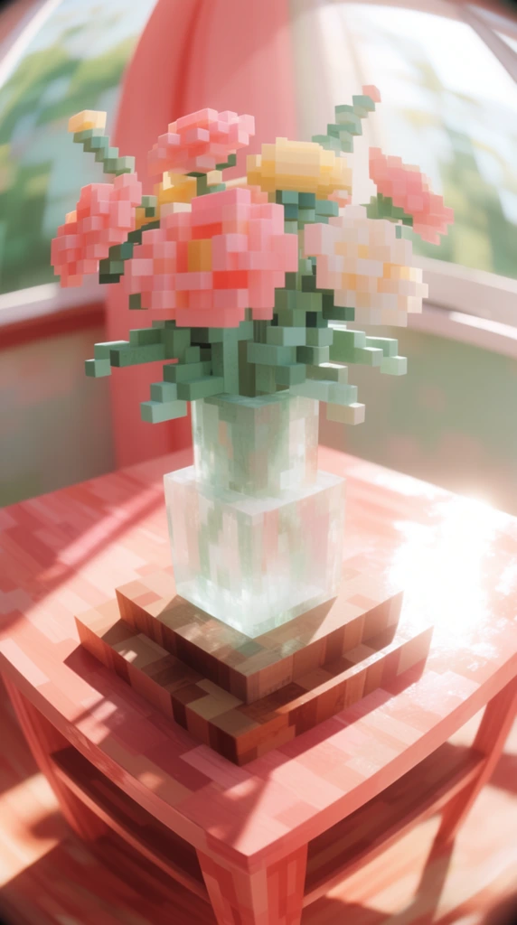 A 3D voxel bouquet of flowers in a translucent blocky vase rests on a tiered cubic wooden table. The flowers are constructed from rigid, pixelated formations of pastel cubes. The translucent glass vase sits atop brown layered wooden blocks. The entire composition bows outward dramatically under an extreme fisheye lens distortion. Intense volumetric sunlight bathes the scene, casting harsh, staggered shadows across the geometric surfaces. A brilliant, overexposed glare reflects heavily off the table. The 3D rendered aesthetic utilizes a stark coral pink, mint green, and warm pastel color palette.