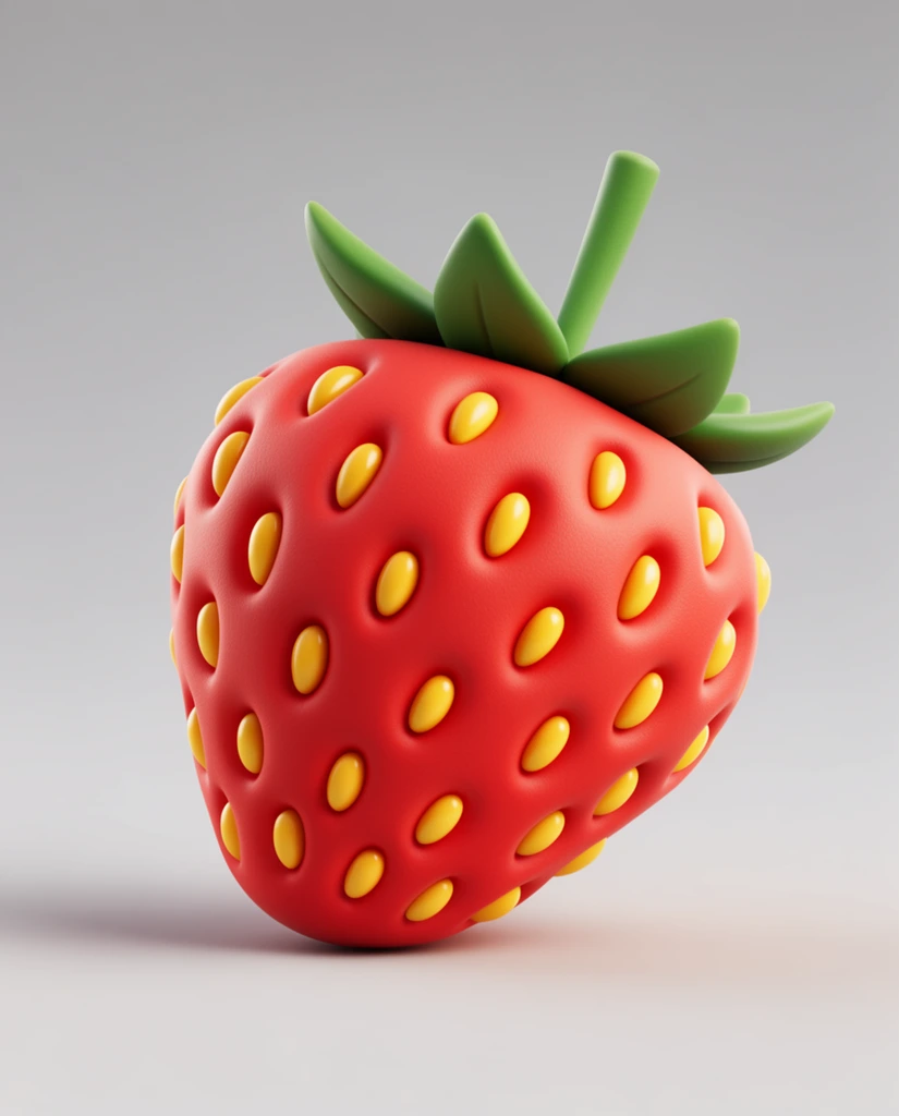 A stylized 3D-rendered strawberry with a tactile matte red surface rests against a smooth grey gradient background. Deep teardrop recesses house oversized glossy yellow seeds across the fruit. Thick pointed green leaves and a straight cylindrical green stem crown the top. Soft studio lighting casts a delicate leftward shadow, emphasizing the smooth clay-like texture and vivid contrasting colors within a clean, minimalist composition.