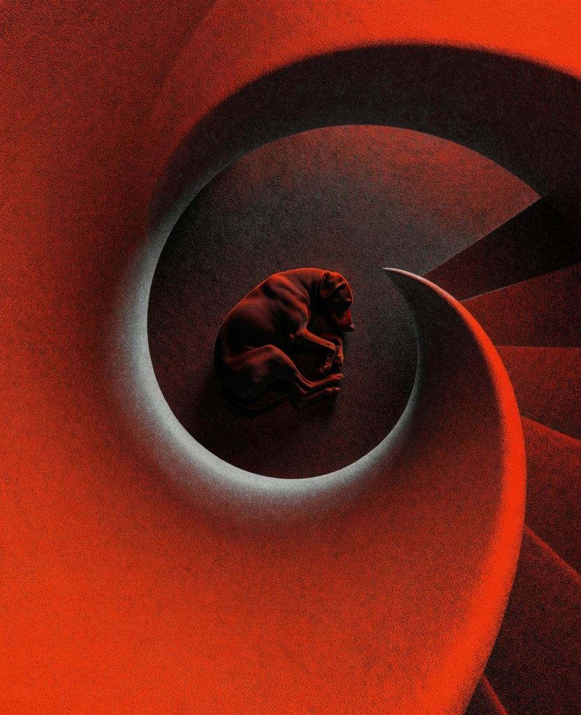 top-down bird's-eye view of a dog curled up sleeping, tiny silhouette within a dramatic sweeping fibonacci spiral, high-contrast palette of deep vermillion red and charcoal black, heavy film grain with a gritty stippled pointillist texture, cinematic chiaroscuro, a thin sliver of silvery-grey highlights tracing the inner curve, minimalist surrealist aesthetic, moody atmosphere, grainy high-iso analog photography style, abstract textural rendering.