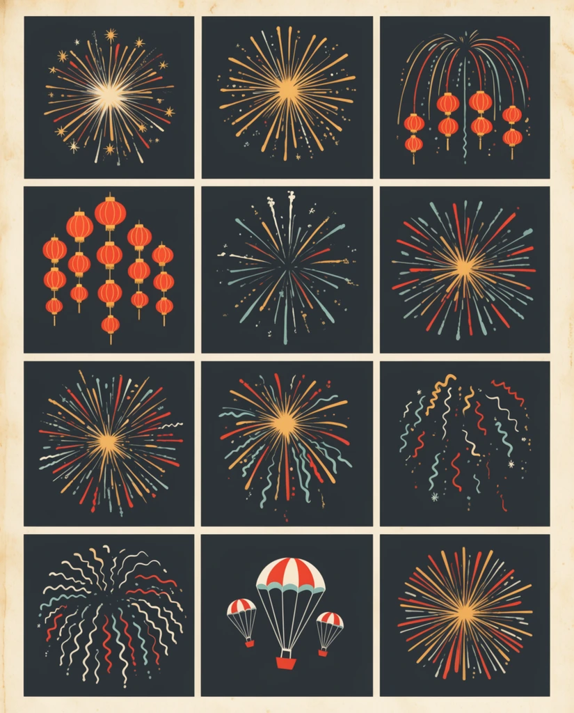 A grid of stylized firework explosions arranged on aged cream paper. The flat vintage graphic illustrations feature radiating starbursts, cascading arcs, floating red lanterns, squiggly sparks, and falling parachutes rendered in vibrant red, golden yellow, pale teal, and white against dark charcoal backgrounds.