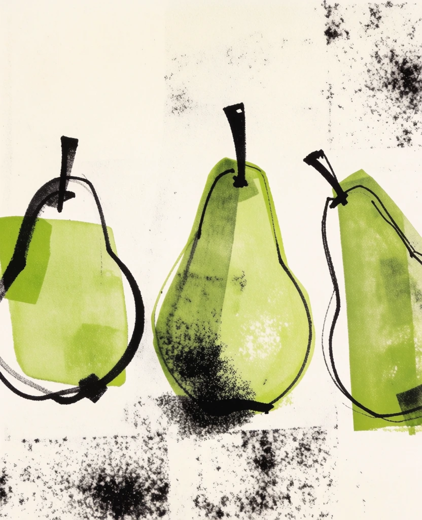 Three gestural, stylized pears are rendered in a mixed-media artistic style featuring translucent lime green color blocks and bold black outlines against a textured cream background. The leftmost pear is rounded with a thick, sketchy black outline, partially filled with an irregular block of lime green ink that overlaps its borders. A central pear stands upright in a classic teardrop shape, featuring a prominent dark stem and a dense patch of black stippling at its base that creates a grainy shadow. The third pear leans toward the right edge, defined by a thinner outline and a vertical rectangular wash of green. These green tones vary in opacity, appearing darker where layers intersect. The background consists of a flat, off-white surface accented by clusters of black granular speckles that resemble charcoal dust or ink spray, concentrated primarily at the bottom and in the upper right quadrant. The artistic style combines elements of printmaking and expressive drawing, emphasizing form and texture through the misalignment of color and line.