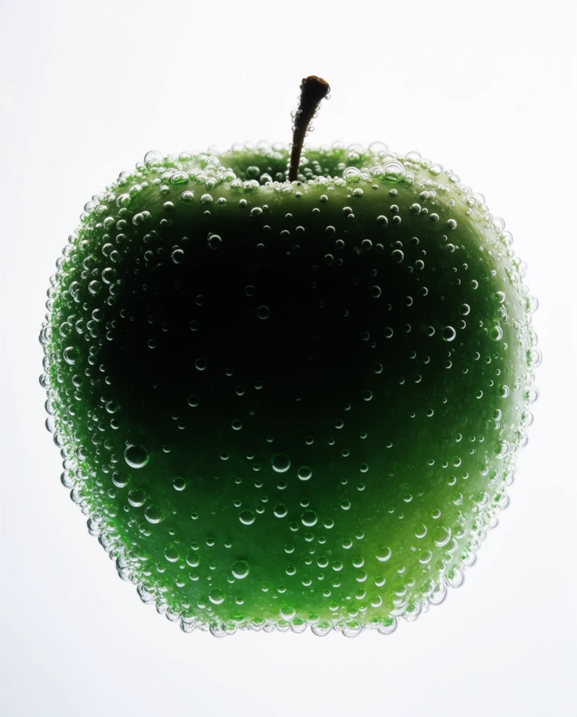 A vibrant green apple entirely covered in tiny, effervescent bubbles floats against a luminous, stark white background. Intense backlighting creates a dramatic silhouette, casting the fruit's center into deep shadow while illuminating its curved edges and crystalline droplets with a radiant emerald glow. A single dark stem protrudes from the top. The macro photography composition emphasizes minimalist elegance and striking textural contrast.