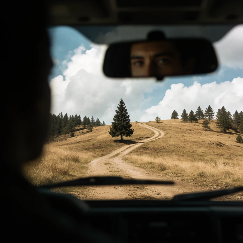 View from inside a dark vehicle looking through the windshield at a rural landscape. A sharply focused dirt road winds up a dry grassy hill toward a solitary dark green coniferous tree. Scattered pine trees dot the ridgeline under a bright sky with large, fluffy white clouds. The heavy blurred foreground features the dark silhouette of a person on the left and black windshield wipers at the bottom. A rearview mirror at top center reflects a pair of human eyes. The composition contrasts the shadowy, out-of-focus interior with the brightly lit, detailed terrain ahead.