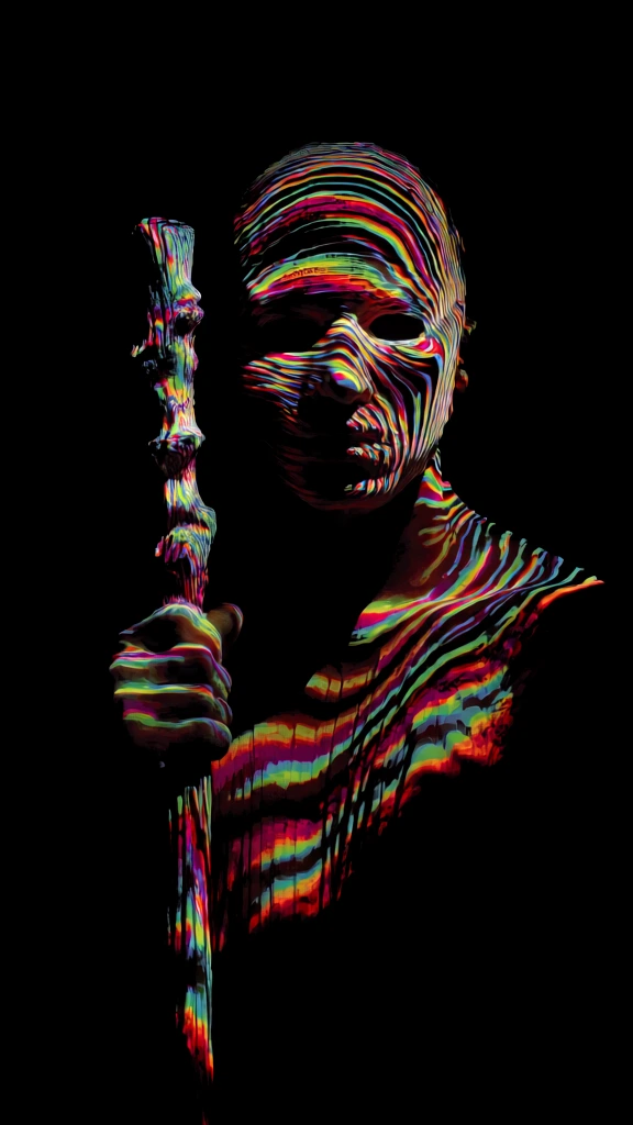 masked person holding a staff, centered composition, dramatic chiaroscuro against a pitch-black background, topographical light-projection style, vibrant multi-colored wavy concentric lines of neon magenta, cyan, lime, and orange, kinetic light painting aesthetic, digital glitch textures, luminous patterns defining the form of the mask and vertical staff, psychedelic aura, ethereal and mysterious mood, high-contrast, sharp focus on glowing topographic details, minimalist layout.