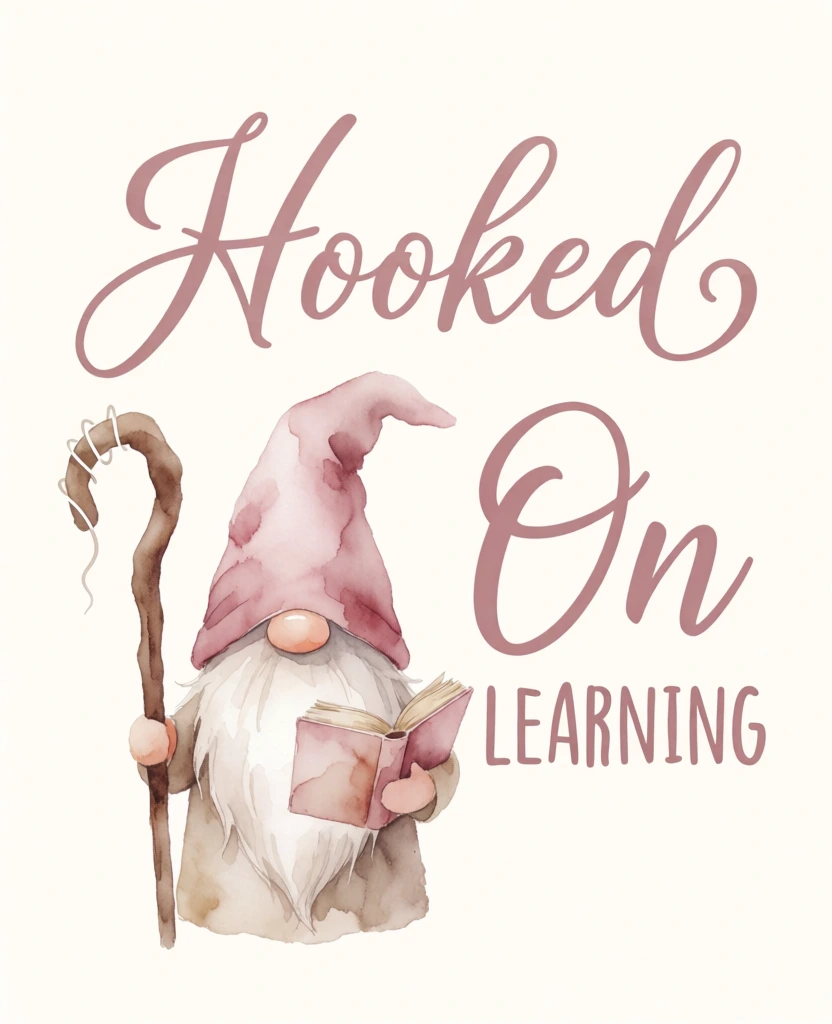 A soft, whimsical graphic shows a reading gnome beneath the phrase “Hooked On Learning,” arranged like a gentle classroom or library-themed illustration. digital watercolor illustration, hand-painted effect, whimsical folk-art, nursery/classroom decor aesthetic, cute literary fantasy, soft storybook style, light and airy vibe, low-to-moderate visual complexity, visually adjacent to Beatrix Potter-inspired merchandise art, Scandinavian children’s decor, watercolor clipart artists, muted blush and taupe palette, dusty rose, cream, beige, warm gray, pale mauve, very high-key background, low contrast, clean even lighting, no visible camera settings because this is not a photo, no grain, no motion blur, no lens distortion, crisp edges with watercolor texture overlays. At the very top center spanning almost the full width, the word “Hooked” is written in large dusty-rose brush script, with a tall looping capital H on the upper left and the final letters stretching to the upper right. Directly below and slightly left of center stands a small gnome occupying the lower middle of the image. The gnome has no visible eyes, just a round peach-toned nose centered under a tall floppy hat. The hat is dusty pink with mottled watercolor patches and leans slightly to the right, its tip bending down. A long white beard fans downward in fine curved strands, filling most of the gnome’s torso. In the gnome’s left hand on the far lower-left side, it holds a tall wooden shepherd’s-crook staff that rises vertically and curls inward at the top like a hook, visually echoing the word “Hooked.” The staff is tan-brown with woodgrain lines, and the gnome’s rounded hand grips it near the midpoint. In the gnome’s right hand at lower center-right, it holds an open book with mauve-pink covers and cream pages angled outward. The gnome wears a beige tunic or coat with soft folds and darker taupe shading near the hem and feet. To the right of the hat and beard, the word “On” appears in oversized dusty-rose script, with a large oval O centered right-middle and a tall n extending downward. At the bottom right, “LEARNING” is written in narrower uppercase letters in the same dusty-rose tone, aligned horizontally beneath “On.” The background is plain very light gray, leaving ample empty space around the text and character.