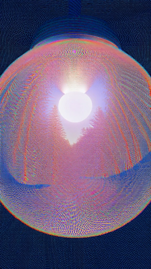 spherical glass light fixture containing a winter forest, rendered in intricate moire patterns and vibrating radial symmetry, high-frequency neon lines of magenta, cyan, and yellow, dark navy topographic background with undulating wavy interference patterns, luminous central glow, digital glitch aesthetic, fine line work mimicking woodgrain and snow, psychedelic textures, ethereal cold lighting, chromatic aberration effects, sharp geometric line art.
