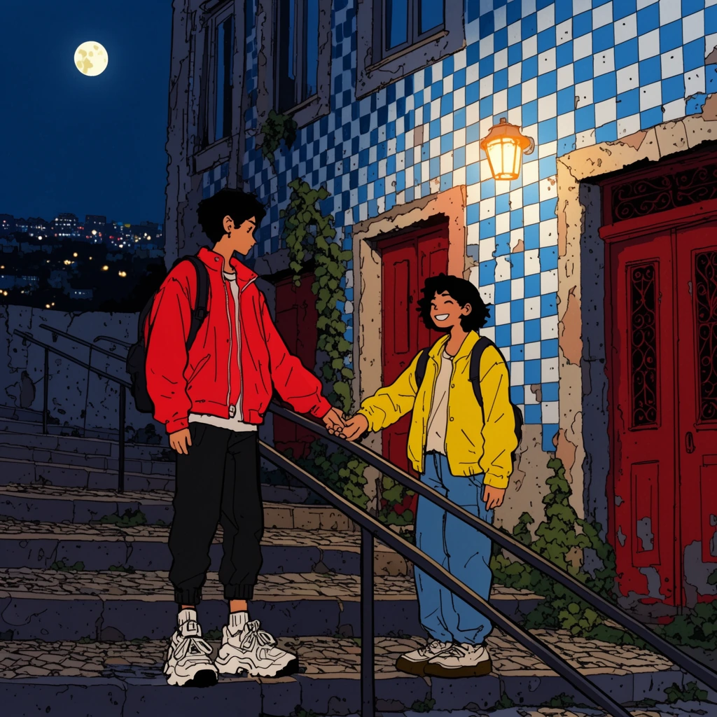 Two figures touch hands over a handrail on a stone staircase at night. One wears a red jacket and chunky sneakers; the other smiles in a yellow jacket. They stand before a weathered building with blue and white checkered tiles, red doors, and creeping vines under a warm wall light. A full moon and distant city lights glow in the dark blue sky. The 2D artwork features bold line art and stippled shadows.