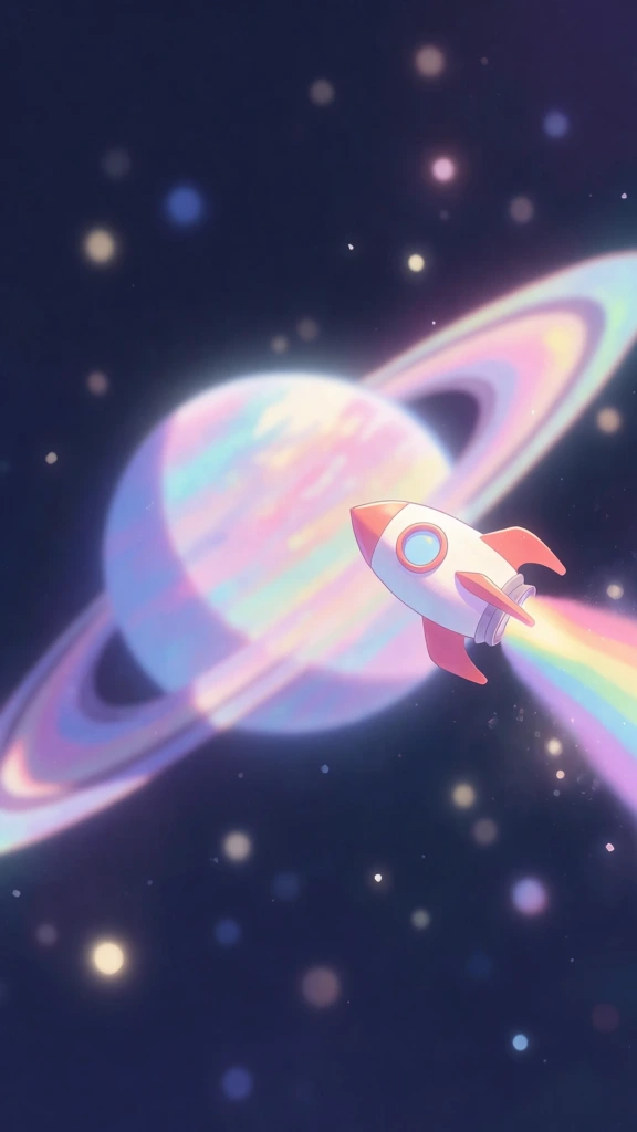 a whimsical rocket ship drifting near a planet with iridescent rings, dreamy soft-focus aesthetic, luminescent pastel color palette of lavender, soft pink, cyan, and pale yellow, ethereal hazy atmosphere, bokeh light orbs floating in space, shallow depth of field with blurred cosmic dust in the foreground, light-drenched celestial scene, glowing highlights, soft-edged silhouettes, magical realism, high-key lighting, painterly texture, airy and whimsical space exploration.
