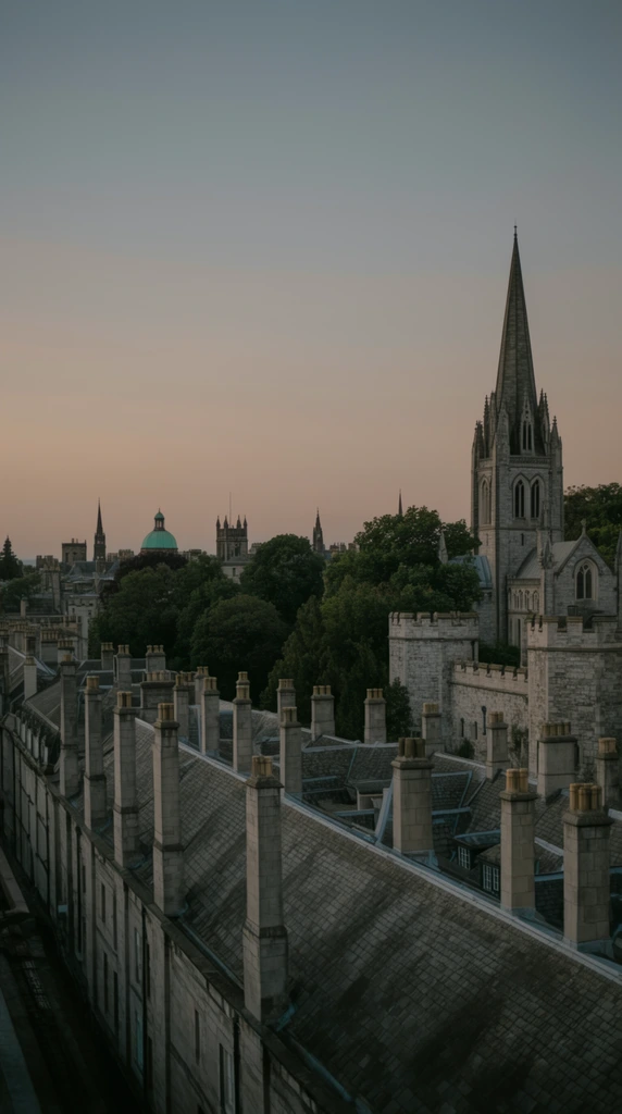 A panoramic wide shot of a historic city skyline filled with stone rooftops and spires under a soft twilight sky. Long stretches of grey slate roofs dominate the lower half, punctuated by dozens of tall, rectangular stone chimneys lining the ridges. On the right stands a prominent Gothic stone building with a towering, sharply pointed spire and arched windows, alongside a castellated wall. Dense clusters of dark green trees weave between distant architectural landmarks, including a green copper dome and smaller steeples. The cinematic framing captures the sprawling landscape with diffused, low-contrast lighting. The subdued color palette blends cool greys, earthy greens, and a pale gradient of dusty peach and soft blue in the sky.