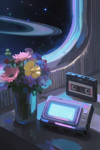 Neon Lofi Maximalism style reference image — lived-in storytelling