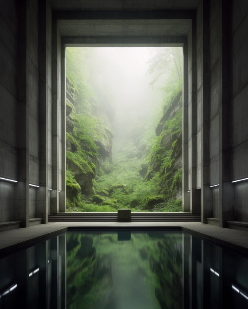 A monumental brutalist concrete hall opens directly into a lush, fog-filled valley. A perfectly still, dark pool of water in the foreground mirrors the symmetrical architecture. Wide steps lead to a small central stone block. The imposing grey interior walls feature heavy vertical pillars and thin white strip lights. Beyond the dark structural framing, a steep rocky gorge is densely blanketed in vibrant green moss and foliage. Ethereal, diffused white light pours through thick mist, contrasting the rigid, shadowed geometry of the corridor with the brightly lit organic wilderness.