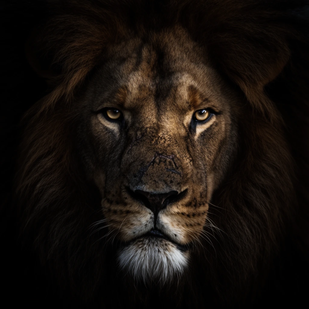 Close-up portrait of a male lion emerging from deep shadows. A thick dark brown mane frames a rugged face illuminated by dramatic low-key lighting. Sharp focus highlights golden eyes, a dark scarred nose, and a white chin against a completely black background. High contrast chiaroscuro photography captures intricate fur textures and an intense forward gaze.