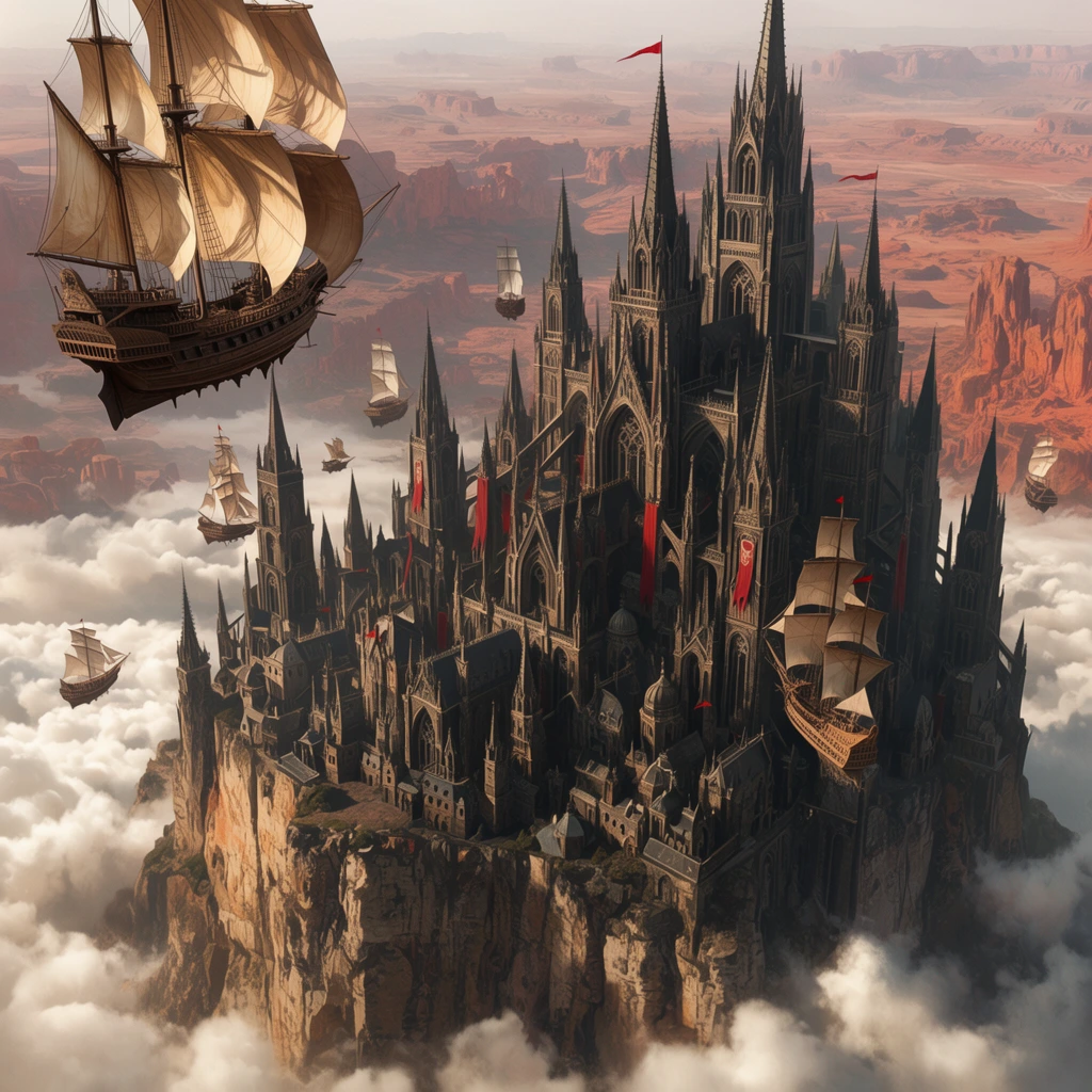 A colossal Gothic city atop a sheer rocky plateau soars above a sea of white clouds, surrounded by flying wooden sailing ships. The dense architecture features towering dark stone spires, intricate arches, and steep buttresses adorned with crimson banners. A large flying galleon with billowed canvas sails approaches from the upper left, while smaller airships navigate between the high towers. Warm, directional sunlight casts dramatic shadows across the jagged cliffs and ornate structures, contrasting with the hazy, arid landscape of reddish canyons stretching to the horizon in a highly detailed, cinematic fantasy art style.