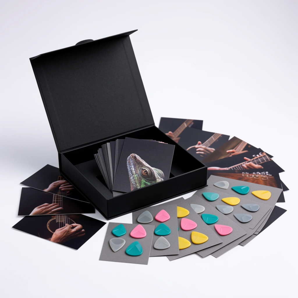 open matte black presentation box on a seamless white surface, fanned-out arrangement of printed cards and small colorful geometric teardrop shapes, teal pink yellow grey guitar picks mounted on grey cardstock, scattered dark cards showing hands playing a stringed instrument, card featuring a reptile head, soft diffused studio lighting, dynamic explosive composition, high angle product photography