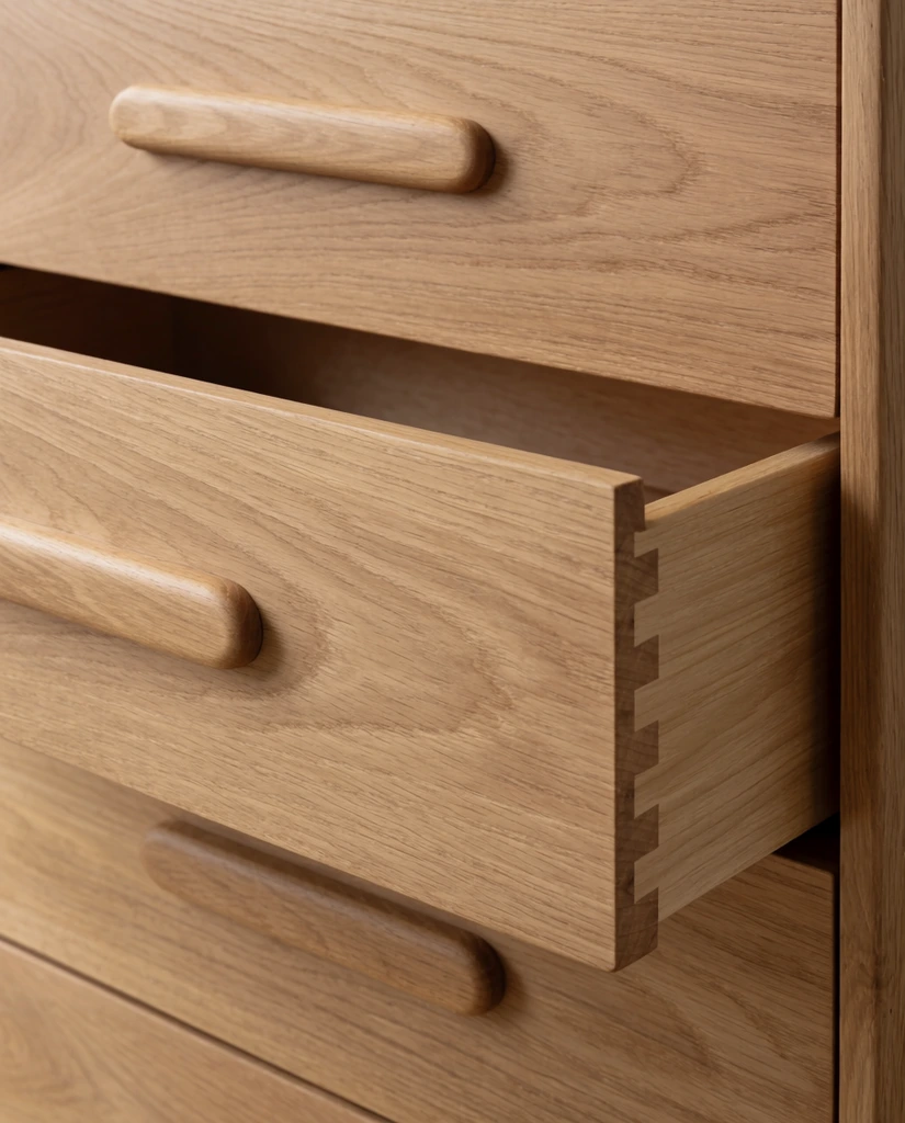 A close-up angled view of a light oak wooden dresser featuring a partially open middle drawer. The drawer fronts display seamless, pill-shaped raised horizontal handles carved directly into the wood. Prominent natural wood grain flows across the warm blonde and beige surfaces, while the open drawer exposes a precise dovetail joint on its side profile. Soft, diffused lighting enhances the smooth matte finish of the minimalist design, captured with a shallow depth of field.