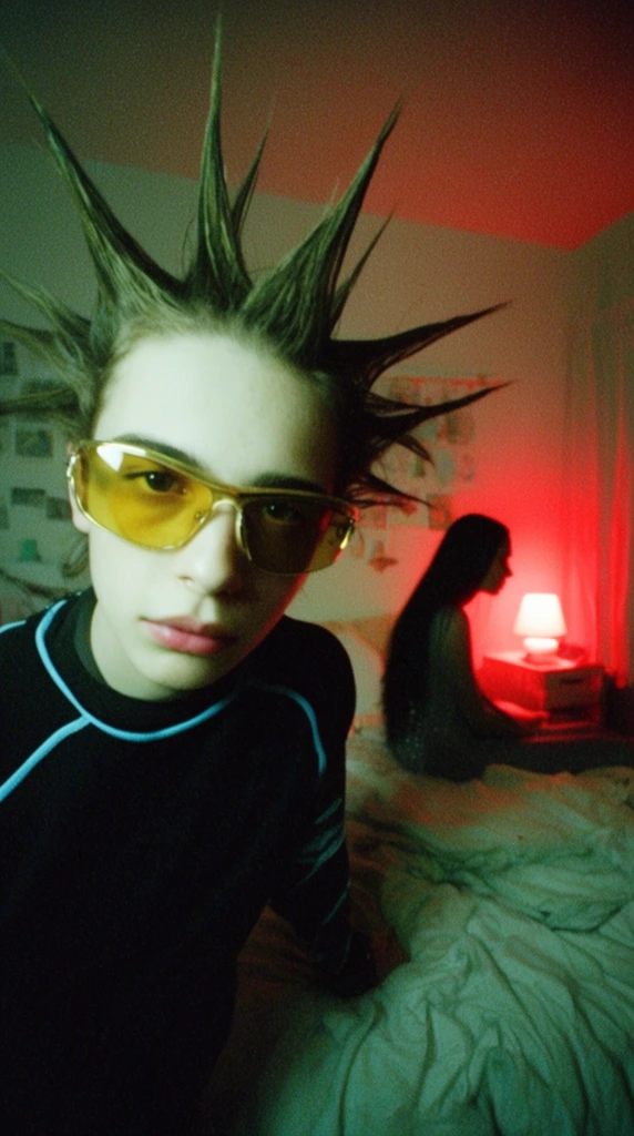 A young person with tall liberty spikes and yellow-tinted sunglasses leans toward a wide-angle lens, wearing a black shirt with light blue piping. In the grainy bedroom background, a figure with long dark hair sits in profile by a small lamp casting a harsh red glow. The low-fidelity scene heavily contrasts this vibrant red illumination with cool green ambient lighting.