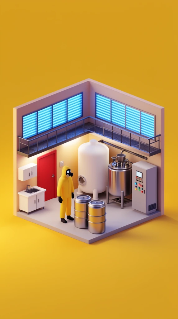 An isometric 3D rendering of a stylized laboratory diorama against a solid yellow background. A figure in a yellow hazmat suit and black gas mask stands near metallic cylinders. The cutaway room contains a white storage tank, a stainless steel mixing vat, and a control panel. Other elements include a white desk, sink, red door, and a metal catwalk. Neon blue light shines through slatted windows, contrasting with warm ambient lighting. Rendered in a minimalist low-poly aesthetic with smooth matte materials.