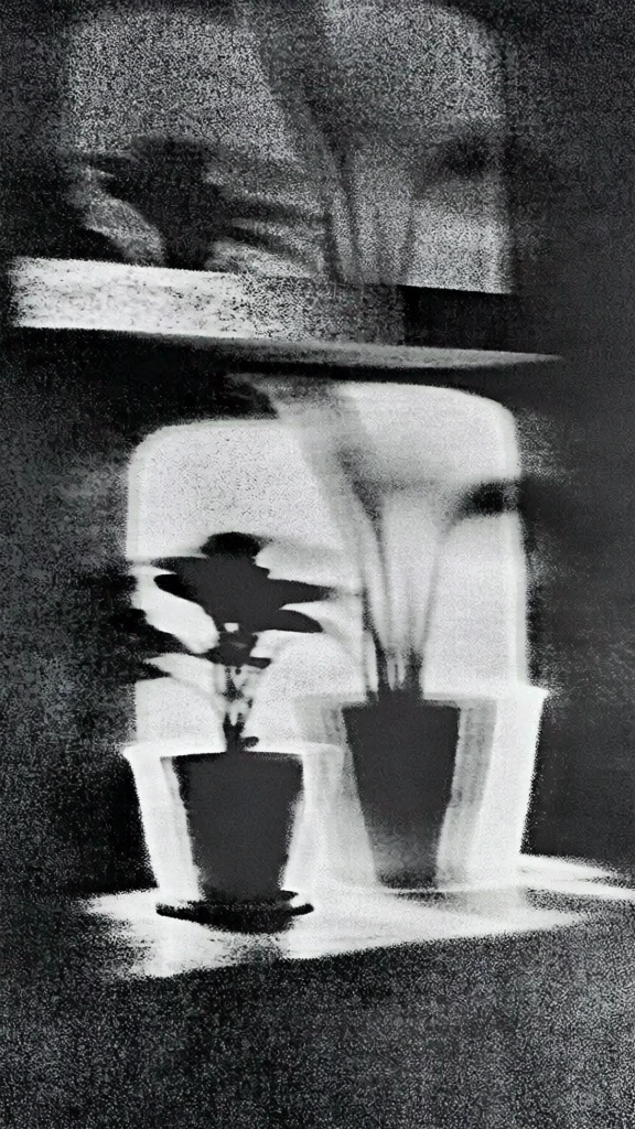 ultra-grainy high-contrast black and white photography, heavy stipple texture with spray-paint dither, silhouetted indoor plants and ceramic pots on a flat surface nested inside ethereal glowing white halos, a floating shelf above casting soft grainy shadows, minimalist brutalist aesthetic, deep charcoal blacks meeting blinding grainy whites, layered ghostly silhouettes, vertical composition, atmospheric lo-fi noise, dreamlike textural grit, soft focus with sharp monochromatic grain